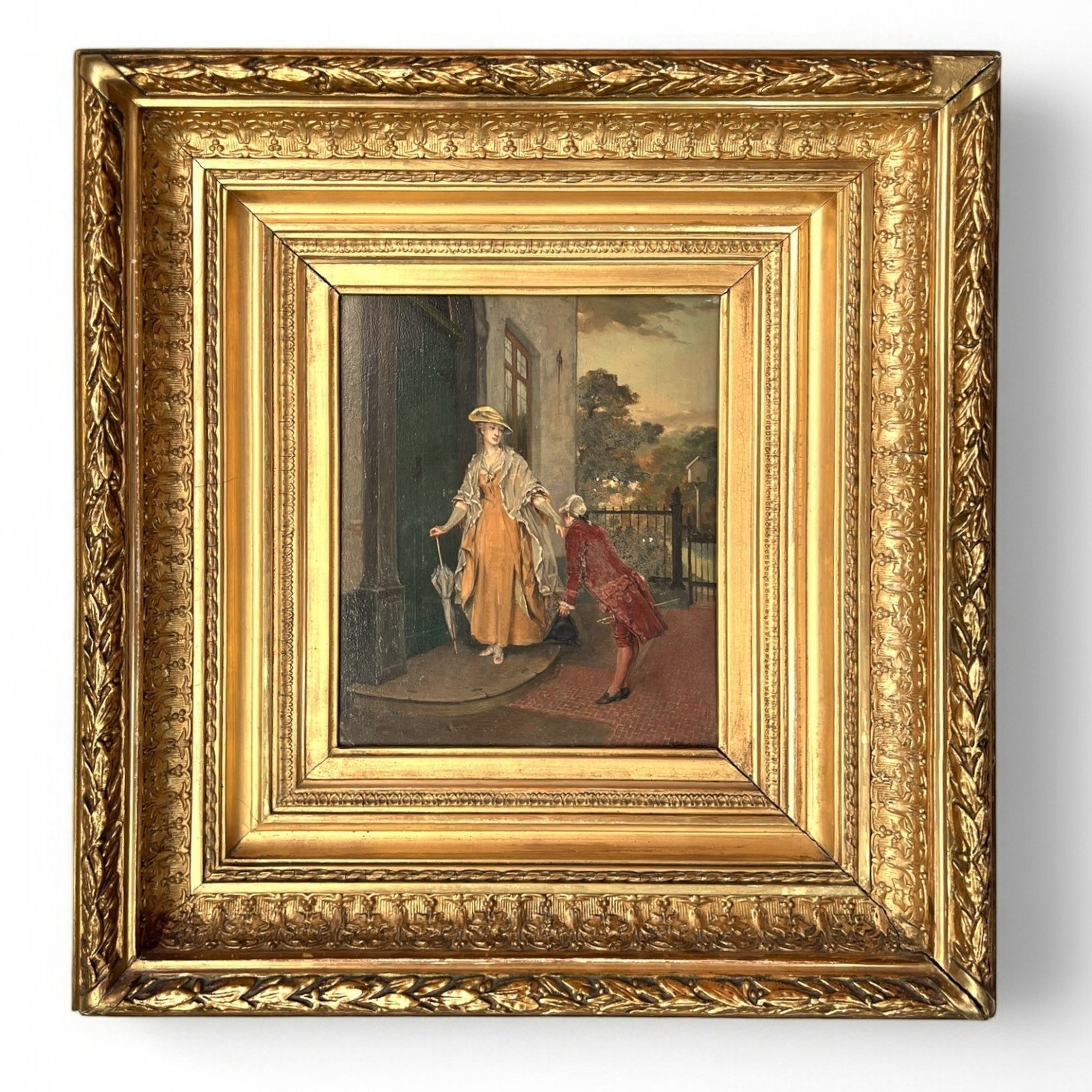 Antique Painting, Gallant Scene at the Doorstep, signed and dated